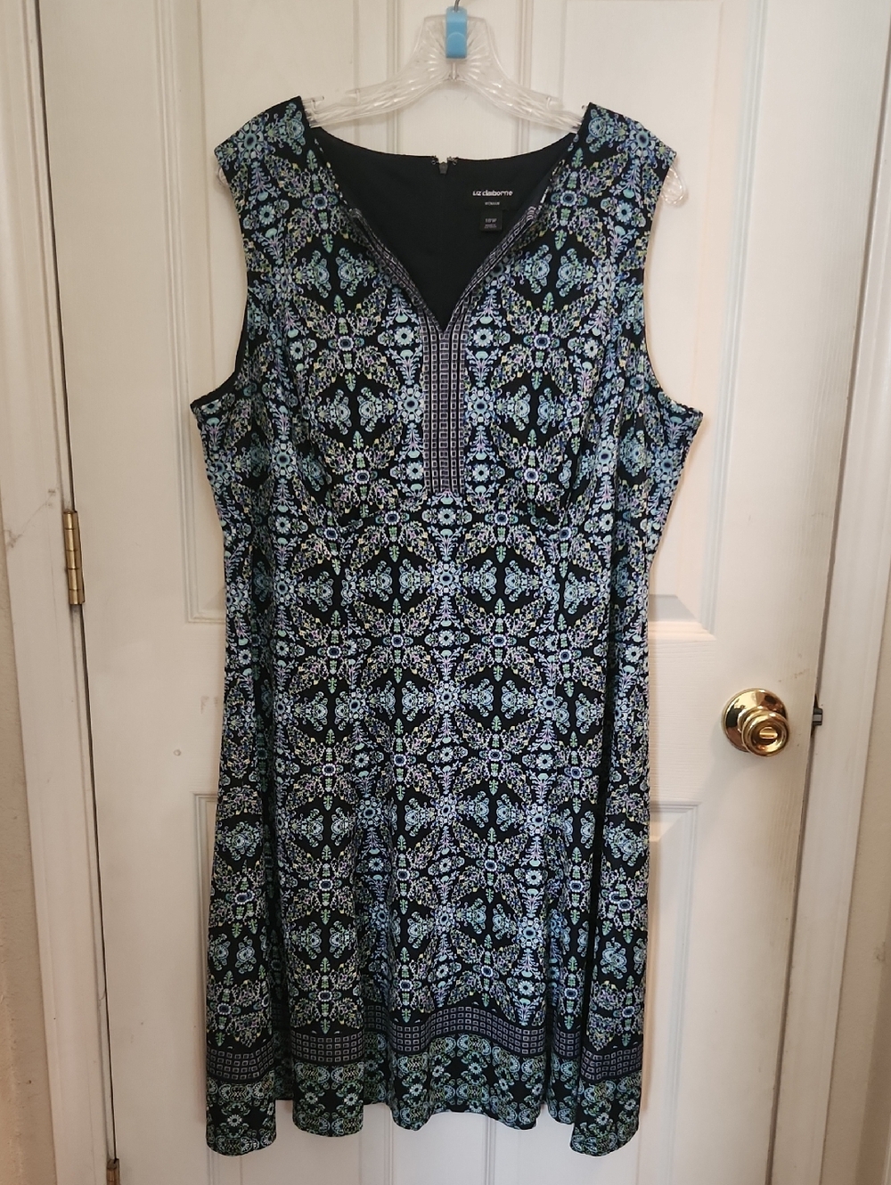 Liz Claiborne Black Dress with Blue and Seafoam Mosaic Print